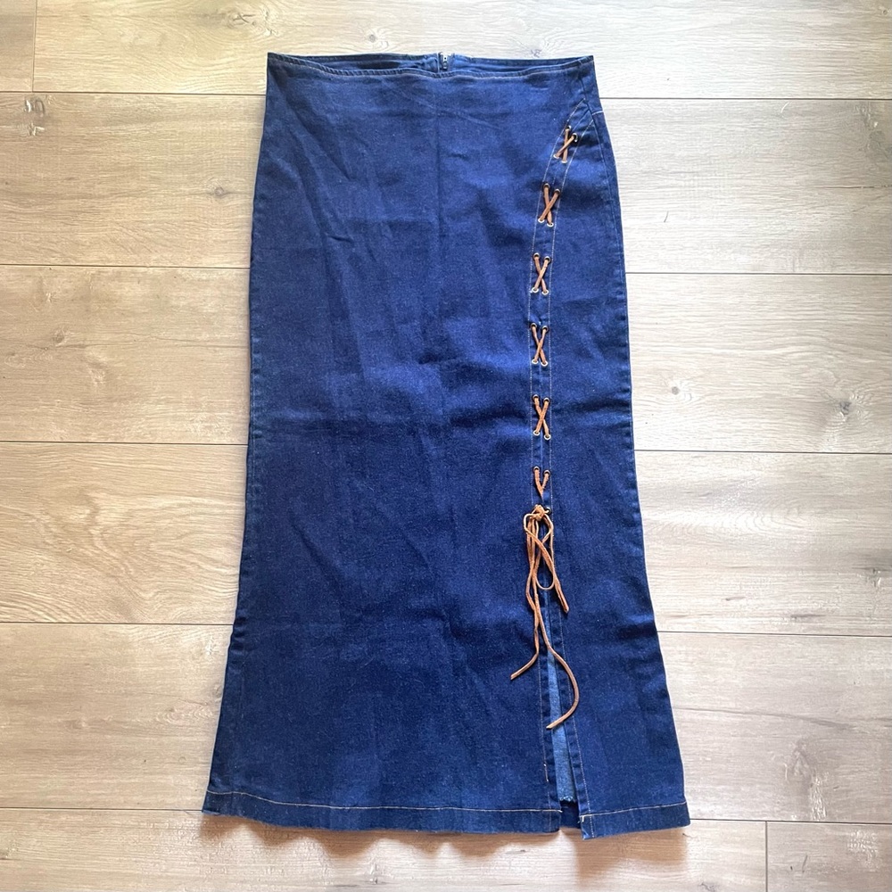Vintage 90’s Y2k Wrapper Denim Lace Up MIDI Skirt M 00’s Grunge